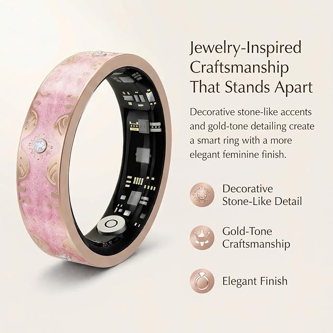 Smart Ring for Women, Sleep Tracker and Health Ring with Heart Rate, SpO2, HRV, Multi-Sport Tracking, IP68 Waterproof, Jewelry-Inspired Design, No Subscription, for iOS and Android (Pink, 9#)