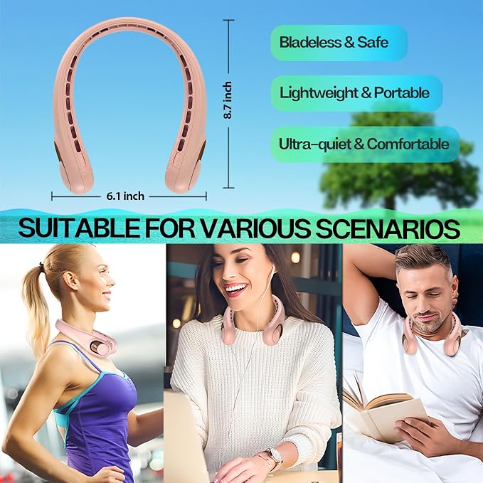 KIDEE Portable Neck Fan, 4000mAh Rechargeable, 360° Airflow, Hands Free Bladeless Wearable Fan, 2 Pack, Pink