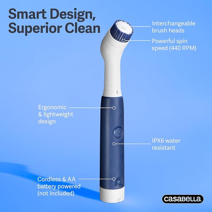 Casabella Handheld Spin Detail Scrubber, AA Battery Powered, 3 Brush Heads, White