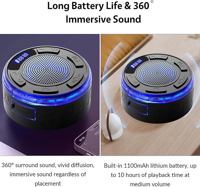 IPX7 Waterproof Shower Speaker with Colorful RGB Lights & LED Display, Detachable Suction Cup, 360° Balanced Sound - Perfect for Bath, Pool, Party & Outdoor (Black)