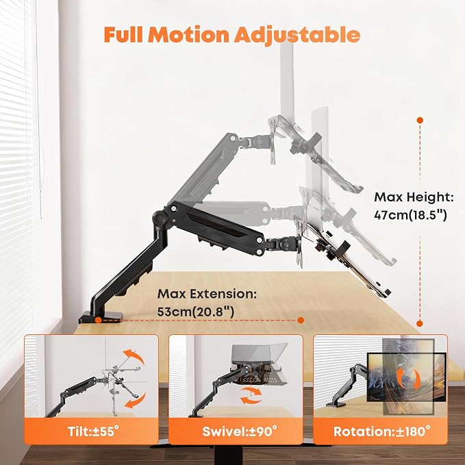 PUTORSEN Laptop Arm Mount Desk - Fits Max 18" Notebook and 40" Computer Screen, 2-in-1 Monitor Mount with Adjustable Laptop Tray, Hold Up to 26.5lbs