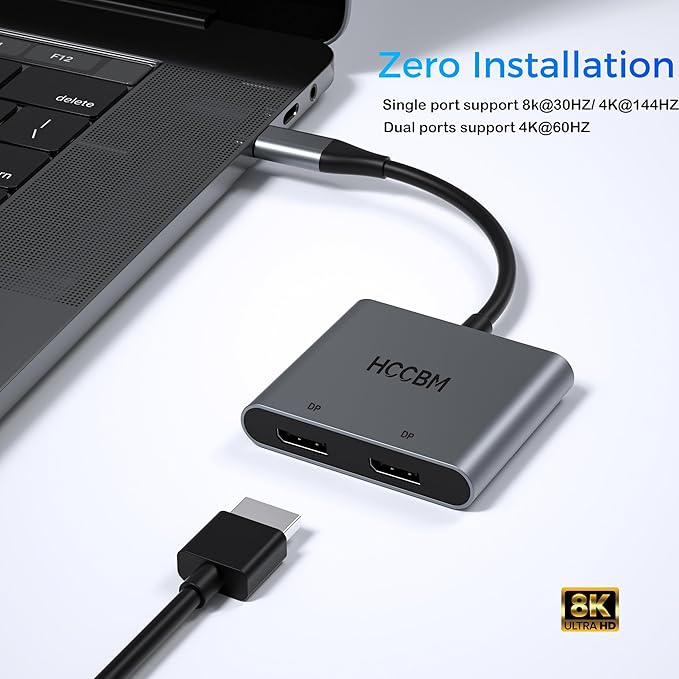 USB C to Dual DisplayPort(DP) Adapter Splitter 8K, Dual Monitor Adapter for Dell HP Surface Laptops,Type C to 2 DP Hub Dongle 8K@30hz/ 4K@144HZ...