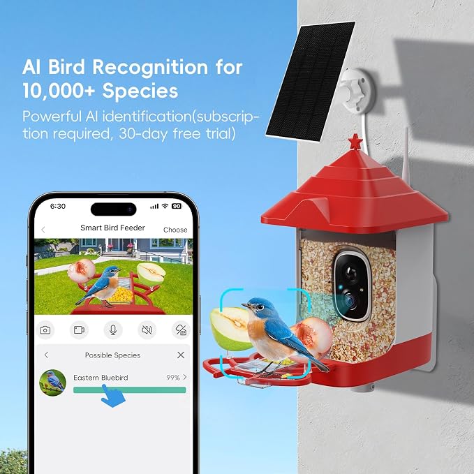 Smart Bird Feeder with Camera, with AI Identify Birds Species & Solar Panel, WiFi Birdfeeder with Cam, 4K HD Live View, Chew-Proof & Waterproof Design, Real-Time App Alerts, Bird Lover's Companion
