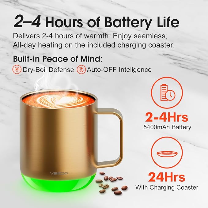 Vsitoo S6 Plus 12oz Smart Self Heating Coffee Mug, AI Auto-Sensing Heated Espresso Mug Temp Control 120-150℉, Rechargeable Mug Warmer with Music LED, IPX7 Gift for Women Men- Gold