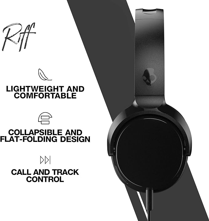 Skullcandy Riff On-Ear Wired Headphones, Convenient for Travel with 3.5mm AUX Plug, Built-in Microphone, Foldable Lightweight Comfortable Design, Durable Headband, Reliable Simplicity - Black