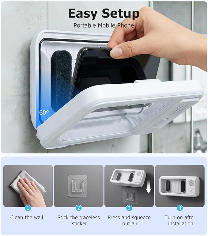 Shower Phone Holder with Bluetooth Speaker,IPX5 Waterproof,Touch-Friendly Screen Access，No-Drilling Adhesive Wall Mount,360° Rotation Bathroom Phone Holder for Shower Bathtub Kitchen Pool(White)