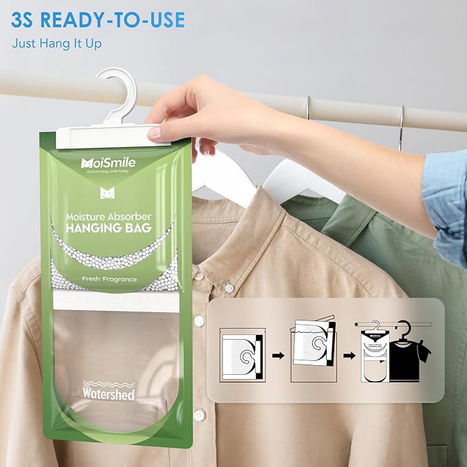 Moisture Absorbers 10 Pack Fresh Fragrance, Hanging Closet Dehumidifier Bags, Humidity Absorber, Compact Eliminates Odors Humidity Packs for Car, Bathroom, Bedroom, Basement, 9.8OZ
