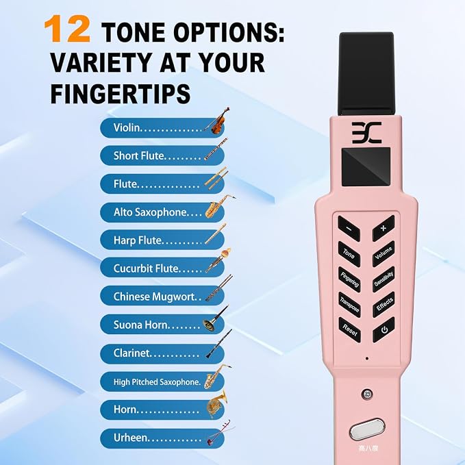 EX Electric Digital Wind Instrument, Electric Saxophone, with 12 Tones, 3 Fingering Modes, 3-Octave Range, Auto Vibrato & Transpose, Bluetooth MIDI & Rechargeable, Pink