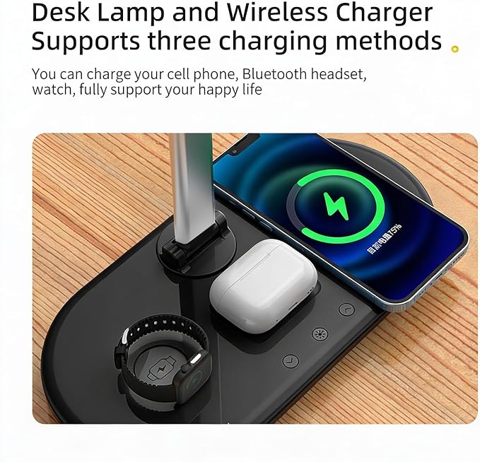 3-in-1 Wireless Charging Desk Lamp for Office&Home-15W Fast Qi Charger for Phone,Watch, AirPods,Adjustable Color&Brightness,Wide Angle Lighting,Touch Control,HYT2096 Black.