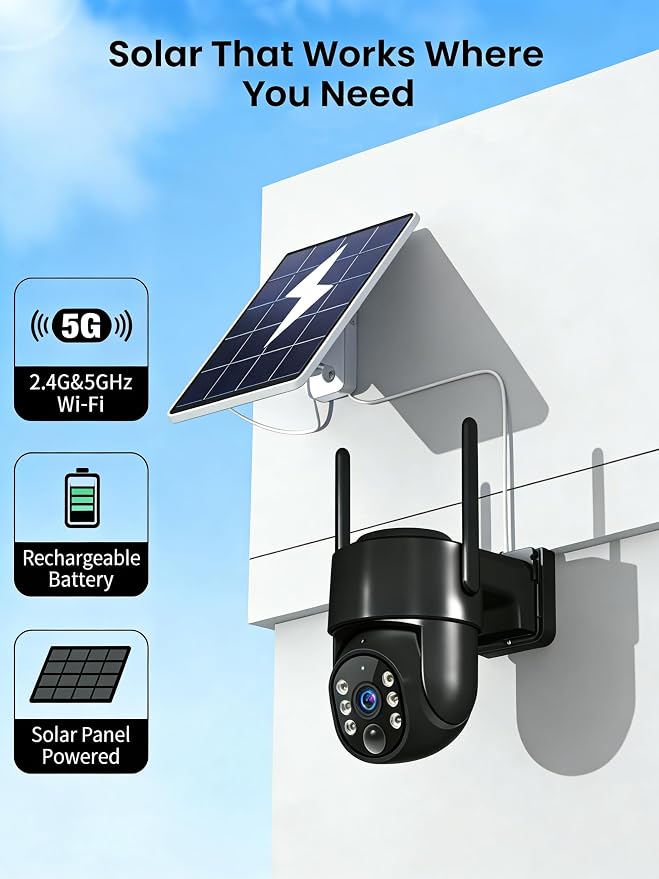 2K Security Cameras Wireless Outdoor, 5GHz WiFi Solar Camera Outdoor Wireless, Wire-free Installation, AI Detection, Two-way Audio, Mobile alerts, SD/Cloud Storage, Color Night Vision, 2 Packs