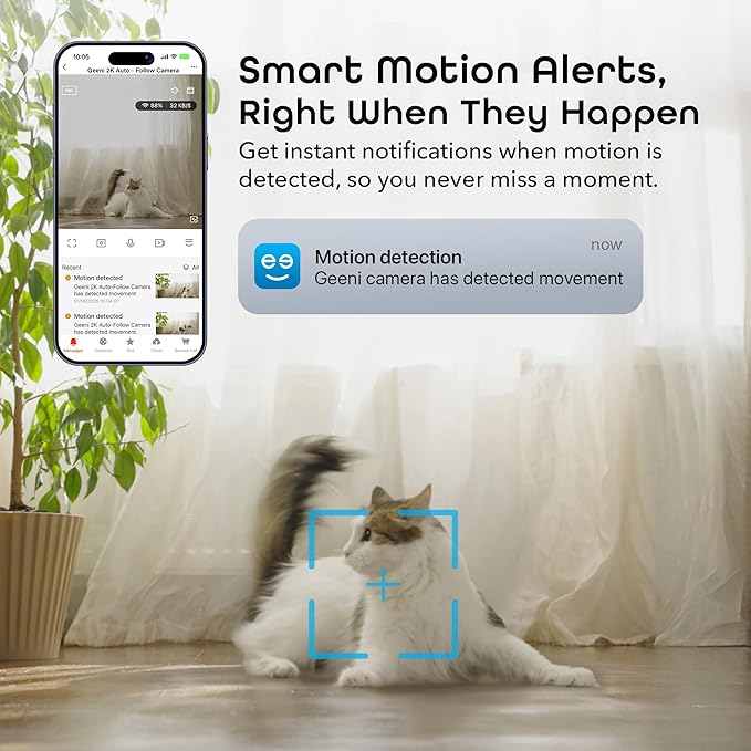 Geeni Sentinel Smart 2K Indoor Security Camera with Auto-Tracking – Dual-Band 2.4GHz & 5GHz WiFi, 2K HD Video, App & Voice Control, Motion Detection, White