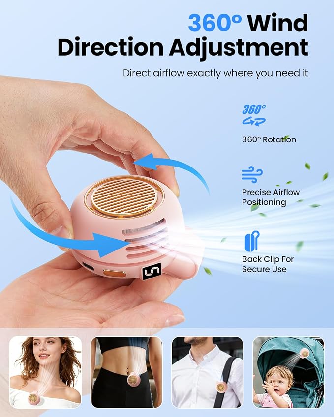 UNIWA Clip On Fan, Portable Silent Mini Bladeless Fan for Shirt/Waist, 5 Speed Adjustable&LED Display, Spin 360° Fan, Hands-Free, Small Wearable Fan for Outdoor Travel, Office, Gift Women-Teal+Pink
