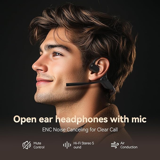 CXK Open Ear Headphones with Mic, Wireless Headset with AI Noise Cancellation Microphone Bluetooth 5.3 Bluetooth Headset with Mic Air Conduction Headphones for Work Call Meeting Driving