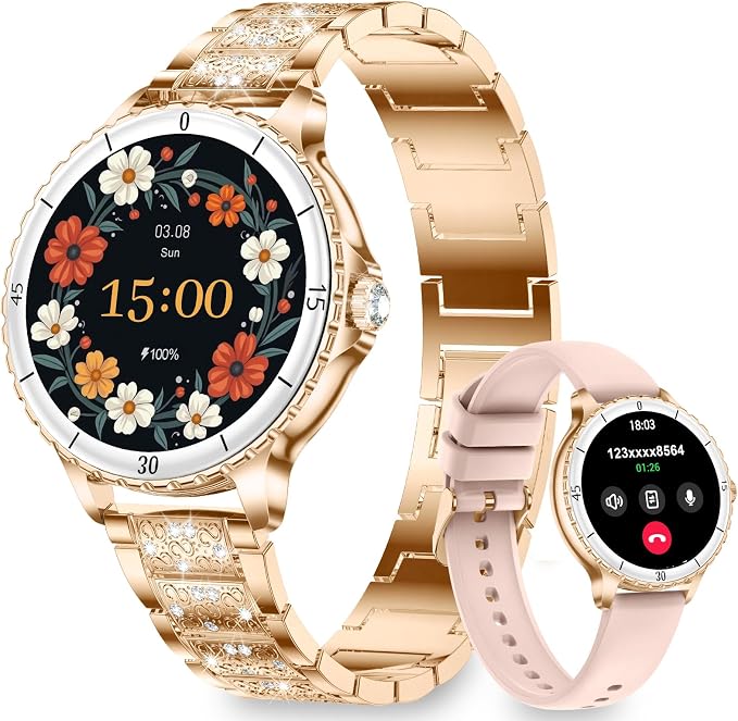 Smart Watches for Women, 1.27" HD Smartwatch with Diamond Strap Compatible Android/iOS, Answer/Make Call, IP68 Waterproof Fitness Tracker with SpO2, Sleep Monitor, 120+ Sport Models, Rosegold