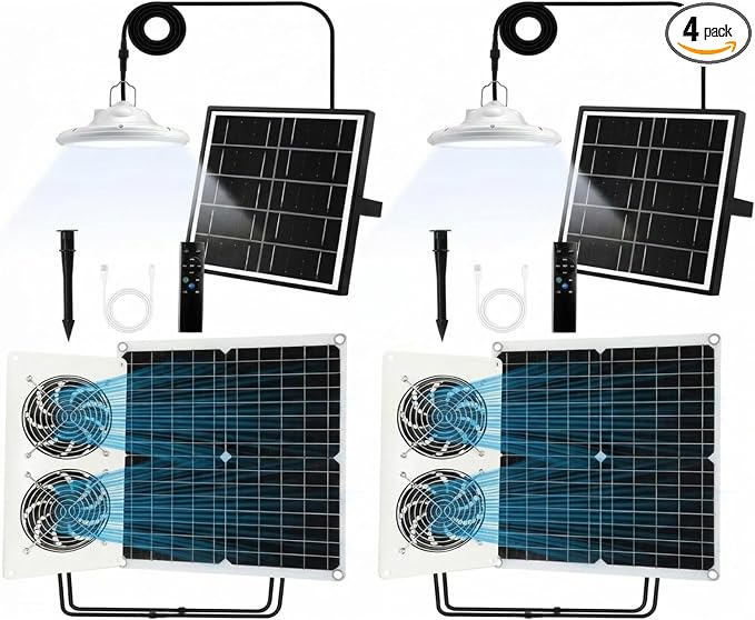 4 Set Solar Fan for Chicken Coop with Shed Light, 25W Panel Dual Exhaust Vent Kit, Waterproof 12V Solar Powered Ventilation System with Timer for Greenhouse, Pet House
