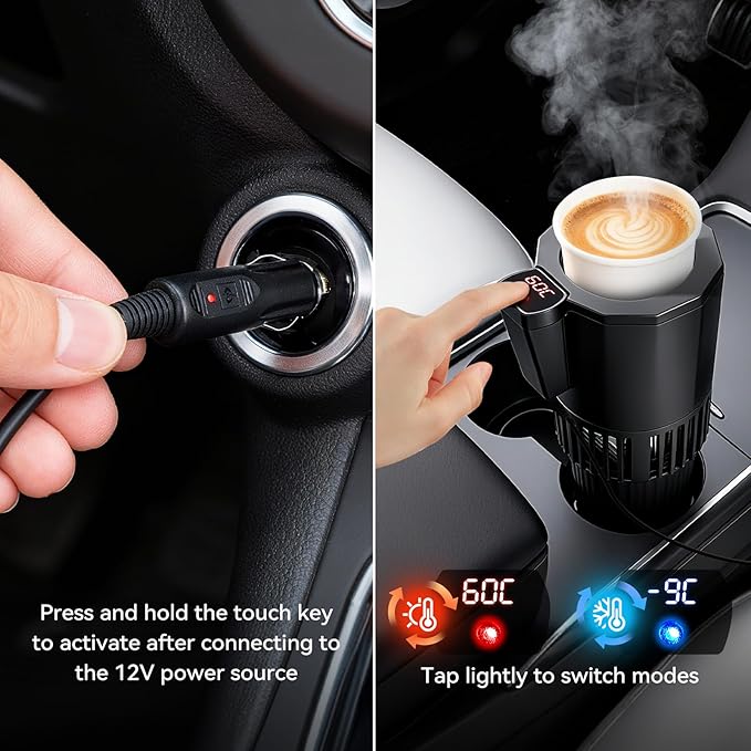 Auto Cooling and Heating Can Cooler for Car Cup Holder with Insulation Lid, Car Coffee Warmer 2 in 1 Cup Cooler & Mug Warmer, Portable Can Cooler 12V Fridge Travel Coffee Mug Quick Heating Cooling