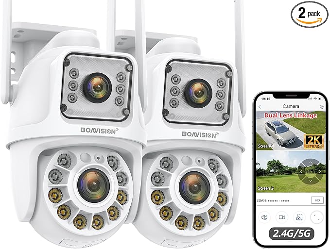 BOAVISION 2Pack 2.4G/5G WiFi Outdoor Security Camera, Dual Lens Wireless PTZ, 360° View, AI Human Tracking, Color Night Vision, 24/7 Recording, Two-Way Audio, Cloud & SD Card Storage