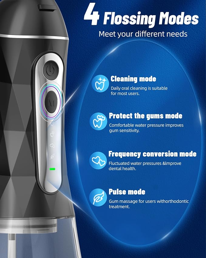 Electric Water Dental Flosser - Cordless Portable Teeth Cleaner, Rechargeable 320ML Larger Water Tank Oral Irrigator, 4 Modes with 5 Jet Tips and Travel Bag, IPX7 Waterproof (Black)