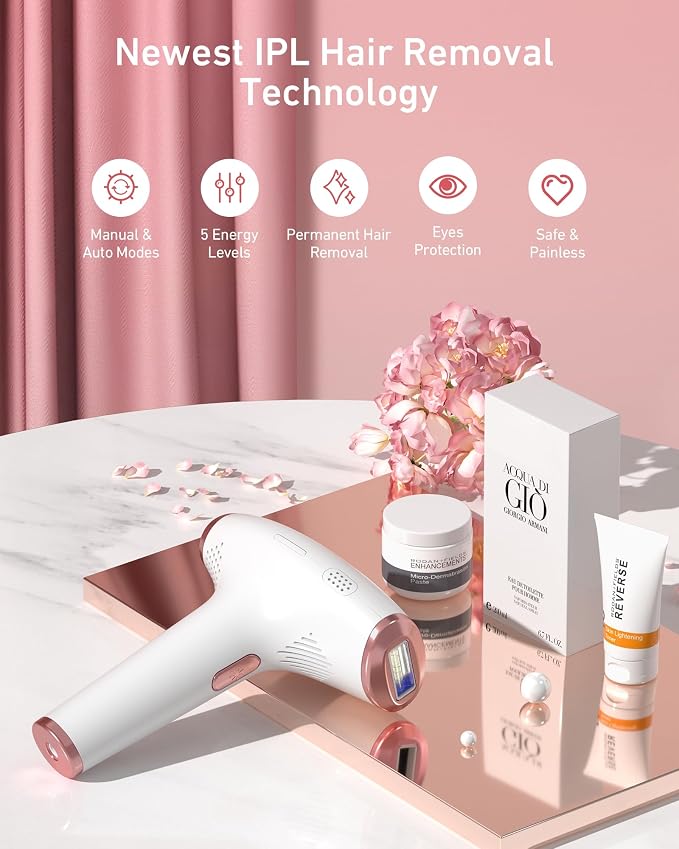 IPL Laser Permanent Hair Removal Device with Protective Goggles, 86% Hair Reduction in 3 Weeks & 5 Custom Energy Levels, Perfect for Men & Women's At-Home Full Body and Face, White