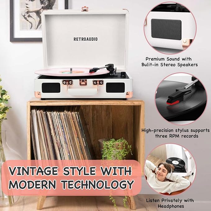Vinyl Record Player with Built-in Speakers 3-Speed Vintage Record Player Bluetooth Portable Suitcase Turntable Belt-Driven LP Player Support RCA Output and Headphone Output (White Rose Gold)