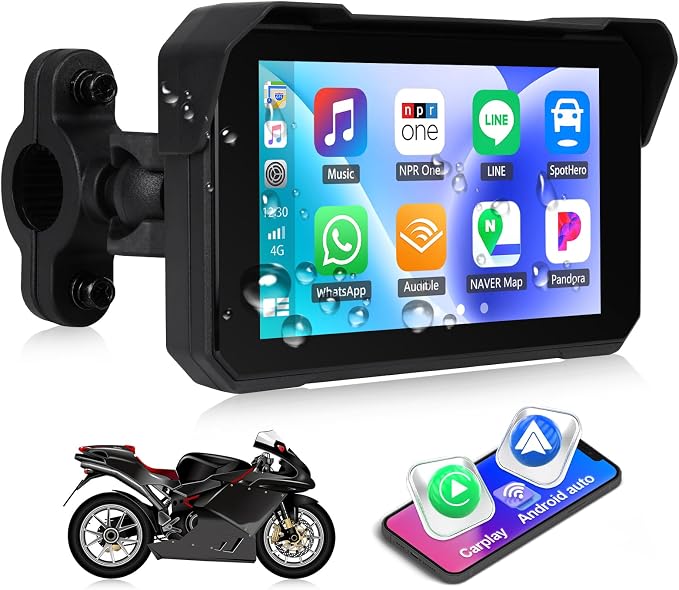 CAMECHO Motorcycle Carplay Screen, Wireless CarPlay Android Auto for Moto, 5" Waterproof Touchscreen Portable Car Stereo Support Dual Bluetooth, Siri, Google Assistant