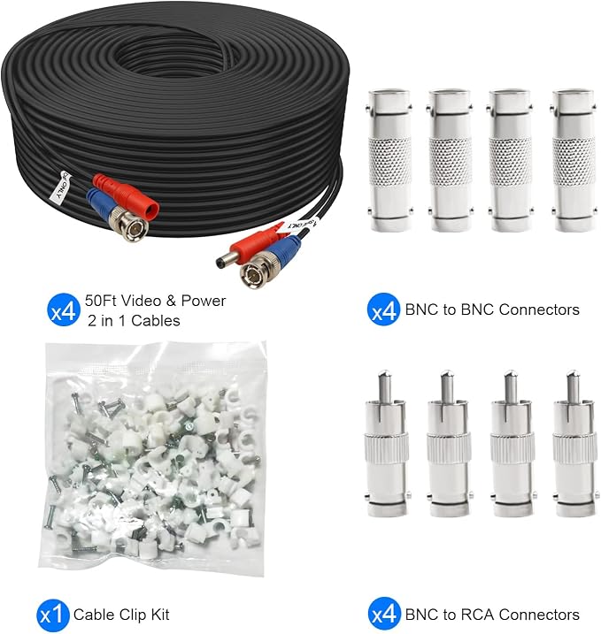50ft 4 Pack BNC Video Power Cable, Security Camera Cable for CCTV Camera DVR Systems - Black