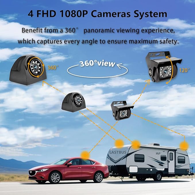 9'' RV Camera System for RV Semi-Truck Trailer Camper, 4 Split Screen Quad View HD DVR Recording Monitor + IP69K Waterproof Night Vision Rear & Side View Backup Camera to Eliminate Blind Spots