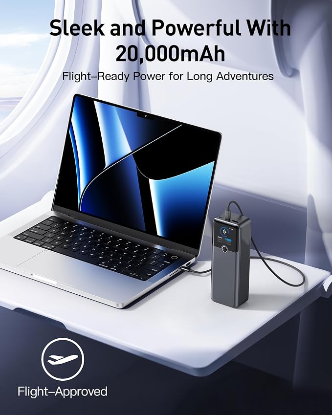 SIXTHGU Laptop Power Bank, 3-Port 20,000mAh Portable Charger with 200W Max Output, PD 3.1 Fast Charging, Flight-Approved for Travel, PowerTower, for MacBook, iPhone 17/16 Series, and More(Grey)