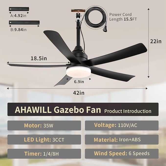 AHAWILL Outdoor Ceiling Fan with Light,42" Gazebo Fan,3CCT Dimmable,Waterproof Plug in Ceiling Fan,Outdoor ceiling Fans for Patios,Porch,Gazebo.Black