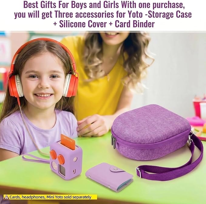 Hard Case Compatible with Yoto Mini (2024 Edition), 3-in-1 Travel Bundle: Silicone Cover + Case with Shoulder Strap (Fits Mini Player & Headphones) + Up to 10 Card Holder for YOTO Cards (Purple)