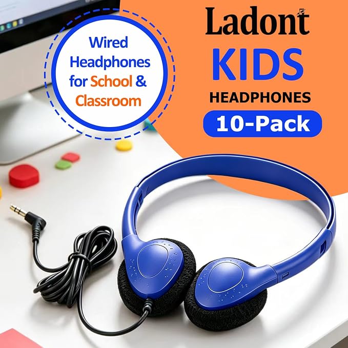 10 Pack Kids Headphones Bulk for School Classroom, Multi Color Wired Student Headsets, Adjustable On-Ear Earbuds for Chromebook Computer Lab Testing, 3.5mm Jack