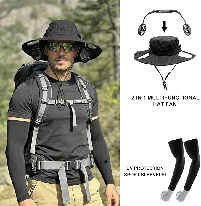 Sun Hat with Fan for Men & Women, Bucket Hat with Fan, UPF 50+ Cooling Hat with Sunblock Sleeves for Fishing,Hiking