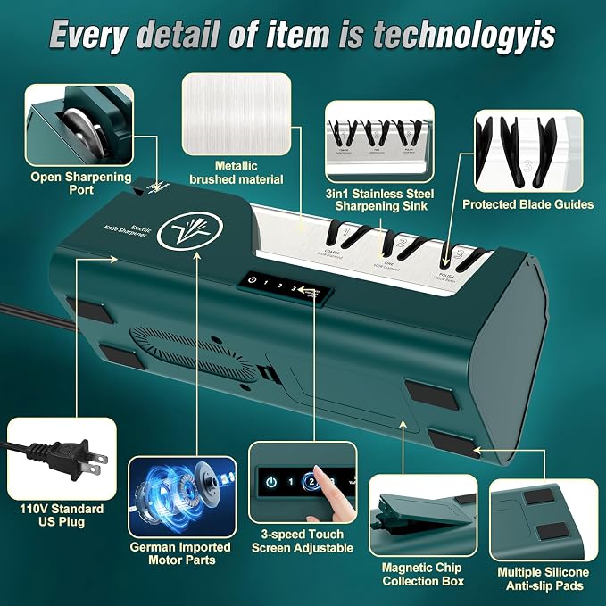 Electric Knife Sharpener with 3-speedTouchscreen, Open Sharpening Slot | 100% Diamond Abrasives, 4-Stage, Touch-Screen LCD, Suit for Scissors & Axes