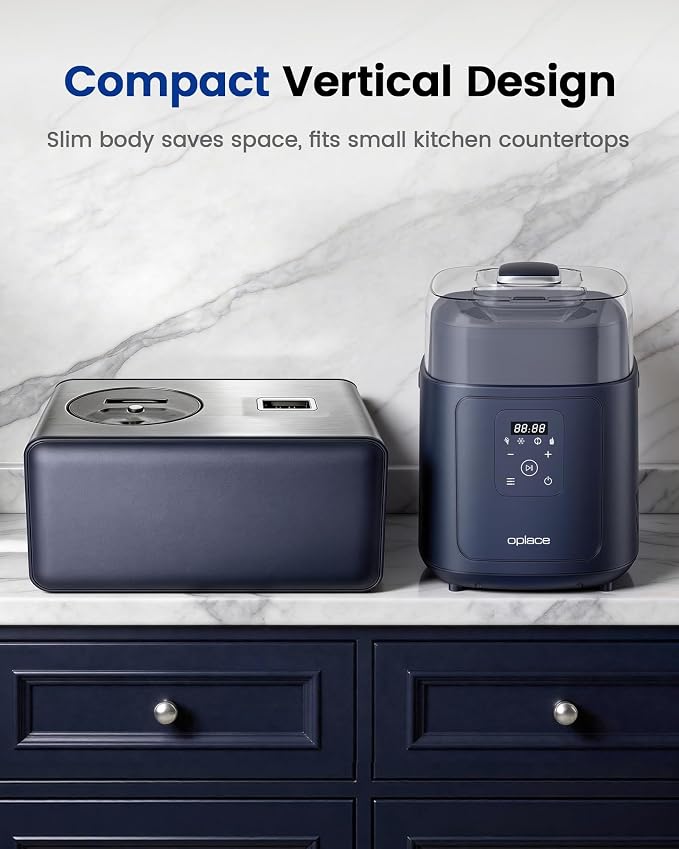 4-in-1 Compressor Ice Cream Maker (1.0Qt), No Pre-Freezing, Automatic Yogurt Maker, Gelato Sorbet Frozen Yogurt Soft Serve Machine, Compact Vertical Design for Home Kitchen(Blue)