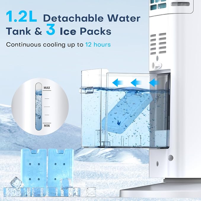 Evaporative Air Cooler, 35" Windowless Air Conditioner Portable, 3 Speeds, 1.2L Water Tank, 3 Ice Packs, 20ft Remote, 7H Timer, No Hose No Window Needed,70° Oscillating Portable AC Unit for Room