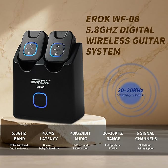 EROK WF-08 5.8GHz Wireless Guitar System with Rechargeable Charging Case – 4.6ms Ultra-Low Latency, 24-bit/48kHz, 100ft Range for Bass & Electric Instruments (WF-08)