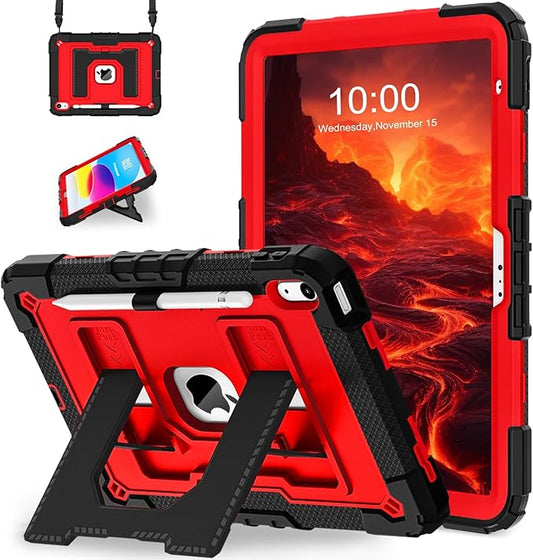 WESOROL Case for iPad A16 11th Generation 11 Inch (2025) iPad 10th Generation 10.9 Inch (2022),i Pad A16 Case Military Grade Shockproof Cases with Pencil Holder Shoulder Strap,Black Red