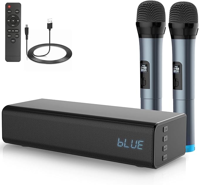 Pyle Wireless Soundbar with Mic and Remote Control, 10 inches 20W 2 Wireless Microphones, 5.0, A2DP, AVRCP Bluetooth Karaoke Sound System, USB, AUX-in, AUX Out,Black