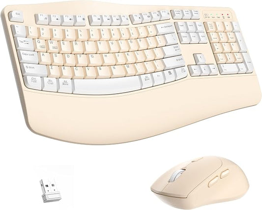 Ergonomic Wireless Keyboard and Mouse Combo, Wave Keys Keyboard with Wrist Rest for Natural Typing, 3 DPI Adjustable Ergonomic Silent Mouse for Computer/Laptop/Windows/Mac (Latte Color-A)