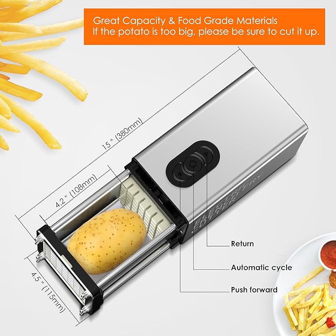 SIXRARI Electric French Fry Cutter, 1/2 & 3/8 Inch Interchangeable Stainless Steel Blades Automatic Potato Cutter, Commercial & Household Potato Slicer, Use for Potatoes Onion Cucumbers