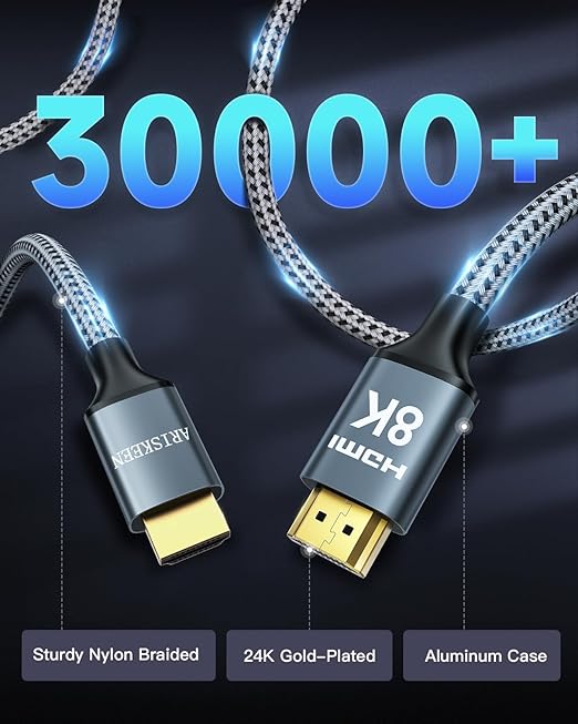 ARISKEEN 8K HDMI Cable 13 FT, 48Gbps High Speed HDMI 2.1 Cable, 8K 60Hz, 4K 120Hz 144Hz Braided HDMI Cord - 13 Feet