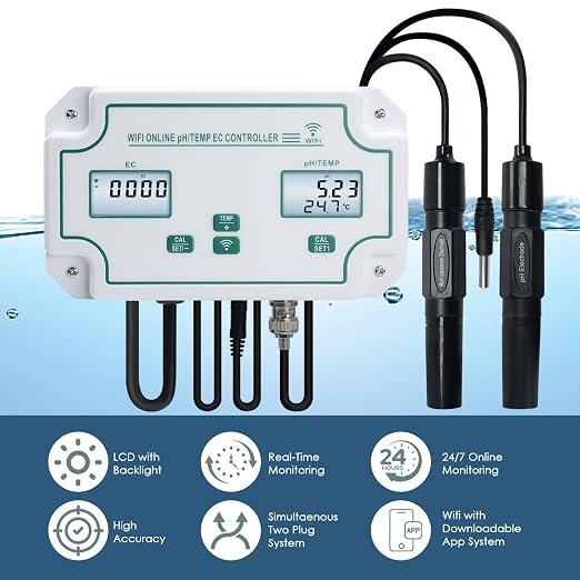 Smart EC pH Temperature Monitor for Hydroponics, 3-in-1 WiFi Water Quality Tester pH EC Controller with Dual Relay Output for Nutrient Reservoir Electric Conductivity Controller pH Meter for Aquarium