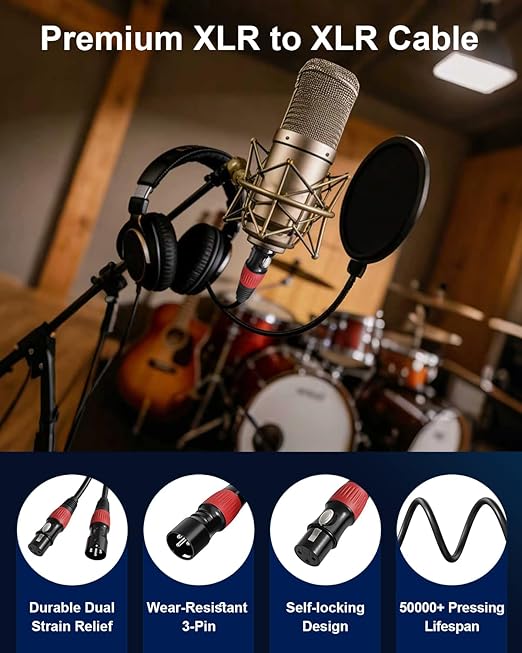 6 Pack 25ft Color-Coded XLR Cables (Male to Female), OFC Microphone Cable for Recording Mixer, Amplifier, Podcast, Stage & Studio Pro Audio Equipment