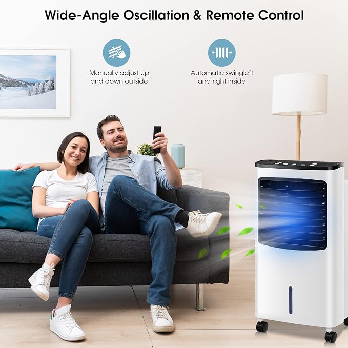 PETSITE Portable Evaporative Air Cooler, 3-in-1 Oscillation Cooling Fan with Remote Control, 2 Ice Packs, Humidifying, 3 Speeds, 7.5H Timer, Personal Swamp Cooler for Bedroom Home Office Garage