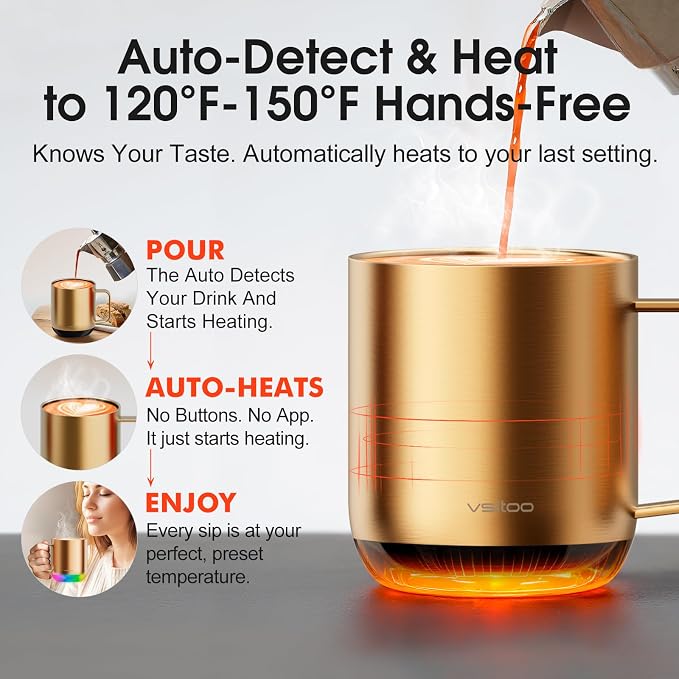 Vsitoo S6 Plus 12oz Smart Self Heating Coffee Mug, AI Auto-Sensing Heated Espresso Mug Temp Control 120-150℉, Rechargeable Mug Warmer with Music LED, IPX7 Gift for Women Men- Gold
