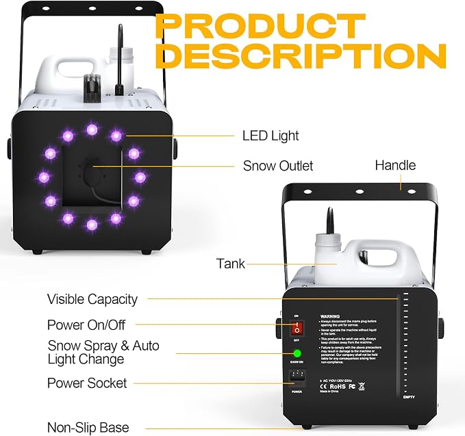 UPGREY 1500W Snow Machine for Outdoors and Indoors, Fake Snow Maker for Party with LED and Remote Controller