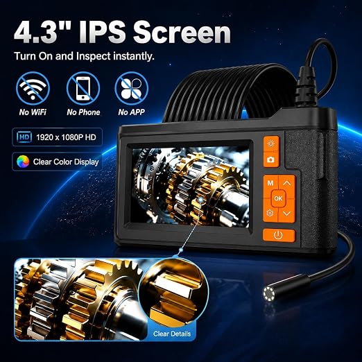 Borescope Camera with Light, 4.3" Endoscope Camera 1080P HD(Support Photo/Video), IP67 Waterproof Snake Camera, Easy Use Ideal Gadget for Inspection Walls, Automotive Engines, Pipes (16.5ft)