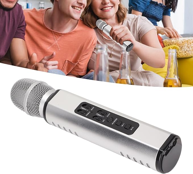 K6 Handheld Microphone, Karaoke Bluetooth Microphone, Portable Noise Cancelling Microphone Speaker Machine for Adults Kids Pc Smartphones (Silver)