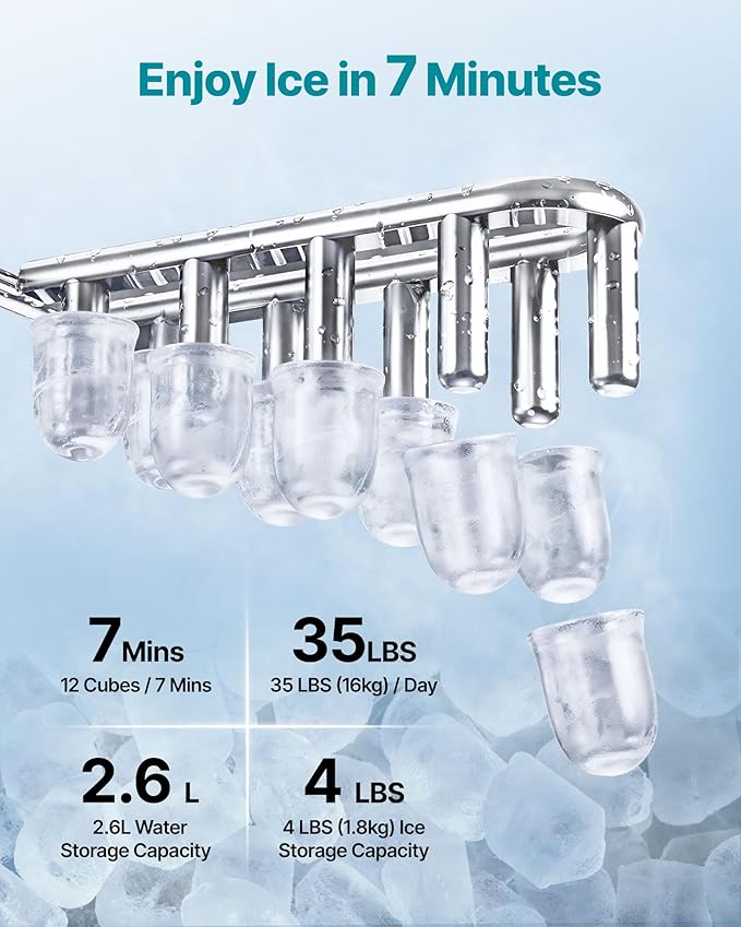 VEVOR Water Dispenser with Ice Maker, 3-in-1 Countertop Water Dispenser, 35 LBS/24H, 12 Cubes/7 Min Fast Ice Making with 4 LBS Storage, Bullet/Crushed ICES & Cold-Water, for Home, Kitchen, Party