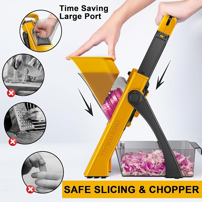 [All in 1] Upgraded Version Safe Mandoline Slicer for Kitchen, Adjustable Thickness. Veggie Slicer, Rapid Prep Mandoline, Detachable Blade, Cleaning Brush (Yellow)
